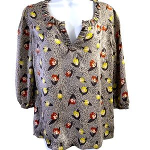 BODEN 100% Silk Boho Flower Detailed Long Sleeves Flowy Blouse Grey Women’s SZ 6